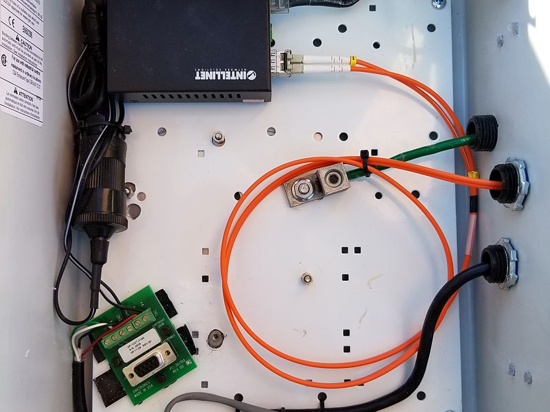 Outdoor enclosure with an orange fiber jumper, media converter and surge protection
